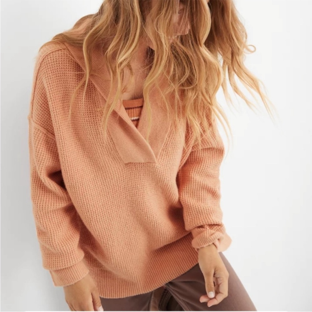 Aerie Cozy Up Waffle Hooded Peach Sweater